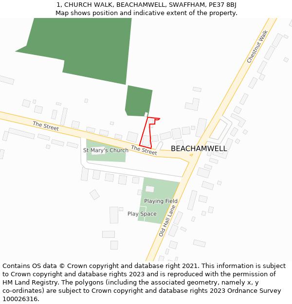 1, CHURCH WALK, BEACHAMWELL, SWAFFHAM, PE37 8BJ: Location map and indicative extent of plot