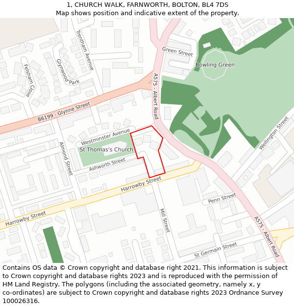 1, CHURCH WALK, FARNWORTH, BOLTON, BL4 7DS: Location map and indicative extent of plot