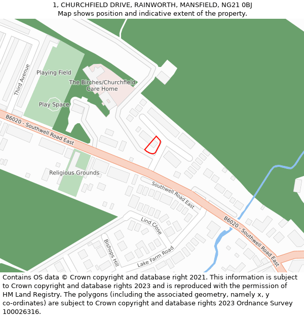 1, CHURCHFIELD DRIVE, RAINWORTH, MANSFIELD, NG21 0BJ: Location map and indicative extent of plot