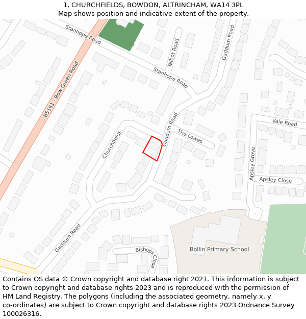 1, CHURCHFIELDS, BOWDON, ALTRINCHAM, WA14 3PL: Location map and indicative extent of plot