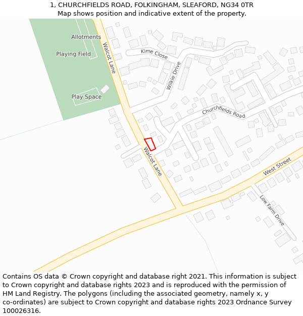 1, CHURCHFIELDS ROAD, FOLKINGHAM, SLEAFORD, NG34 0TR: Location map and indicative extent of plot