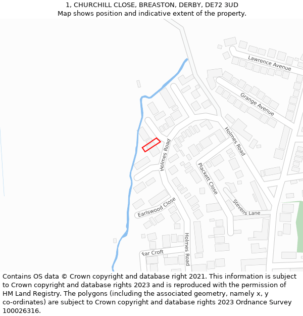 1, CHURCHILL CLOSE, BREASTON, DERBY, DE72 3UD: Location map and indicative extent of plot