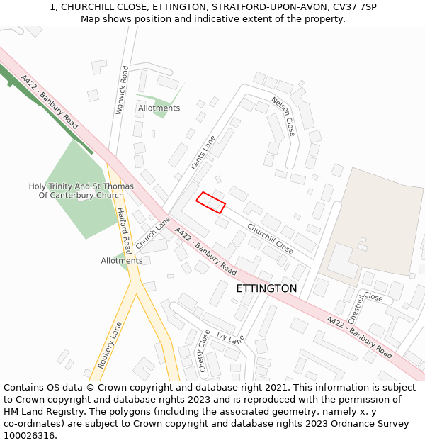 1, CHURCHILL CLOSE, ETTINGTON, STRATFORD-UPON-AVON, CV37 7SP: Location map and indicative extent of plot