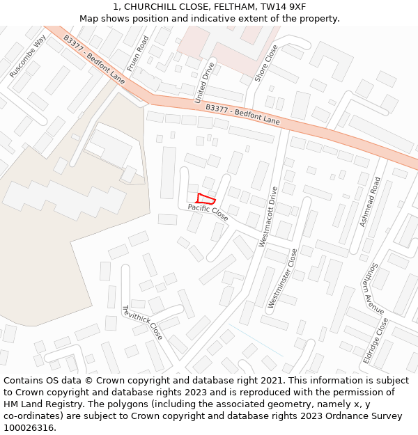 1, CHURCHILL CLOSE, FELTHAM, TW14 9XF: Location map and indicative extent of plot