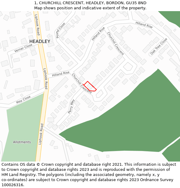 1, CHURCHILL CRESCENT, HEADLEY, BORDON, GU35 8ND: Location map and indicative extent of plot