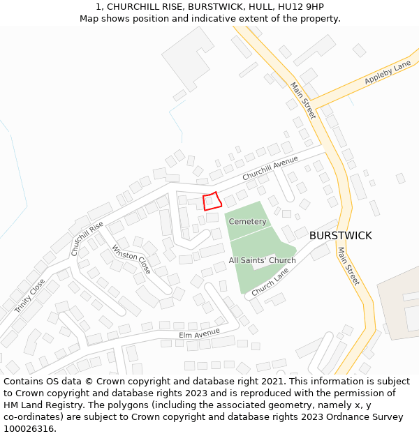 1, CHURCHILL RISE, BURSTWICK, HULL, HU12 9HP: Location map and indicative extent of plot