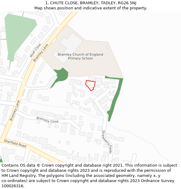 1, CHUTE CLOSE, BRAMLEY, TADLEY, RG26 5NJ: Location map and indicative extent of plot