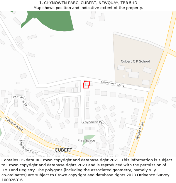 1, CHYNOWEN PARC, CUBERT, NEWQUAY, TR8 5HD: Location map and indicative extent of plot