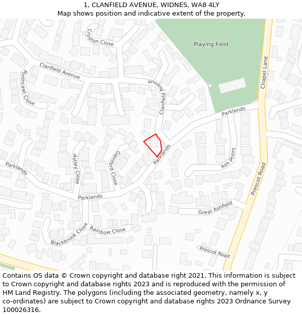 1, CLANFIELD AVENUE, WIDNES, WA8 4LY: Location map and indicative extent of plot