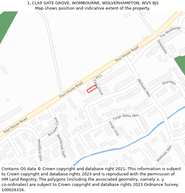 1, CLAP GATE GROVE, WOMBOURNE, WOLVERHAMPTON, WV5 8JS: Location map and indicative extent of plot