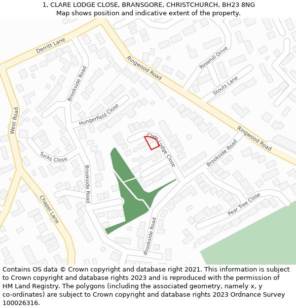 1, CLARE LODGE CLOSE, BRANSGORE, CHRISTCHURCH, BH23 8NG: Location map and indicative extent of plot