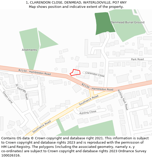 1, CLARENDON CLOSE, DENMEAD, WATERLOOVILLE, PO7 6NY: Location map and indicative extent of plot