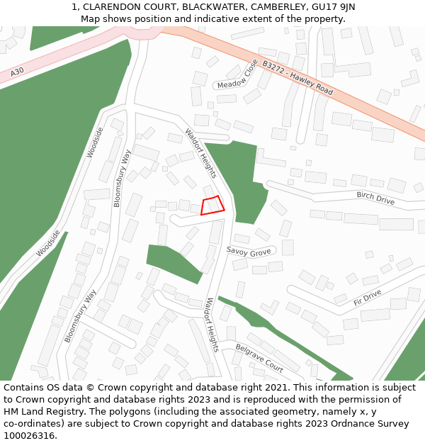 1, CLARENDON COURT, BLACKWATER, CAMBERLEY, GU17 9JN: Location map and indicative extent of plot