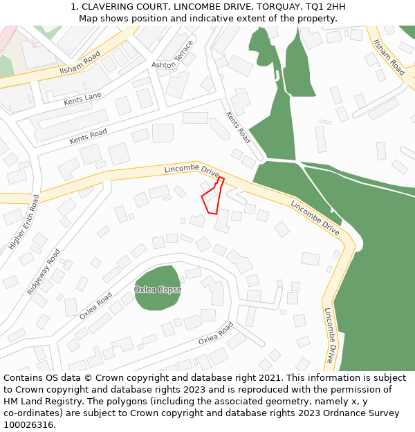 1, CLAVERING COURT, LINCOMBE DRIVE, TORQUAY, TQ1 2HH: Location map and indicative extent of plot