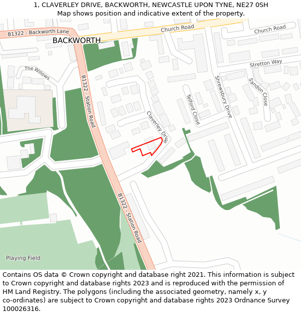 1, CLAVERLEY DRIVE, BACKWORTH, NEWCASTLE UPON TYNE, NE27 0SH: Location map and indicative extent of plot