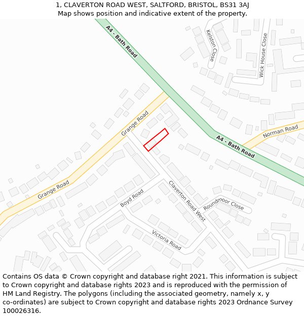 1, CLAVERTON ROAD WEST, SALTFORD, BRISTOL, BS31 3AJ: Location map and indicative extent of plot