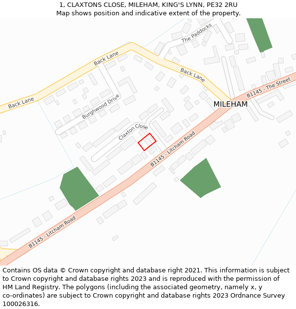 1, CLAXTONS CLOSE, MILEHAM, KING'S LYNN, PE32 2RU: Location map and indicative extent of plot