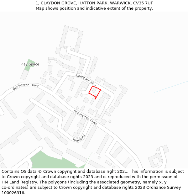1, CLAYDON GROVE, HATTON PARK, WARWICK, CV35 7UF: Location map and indicative extent of plot