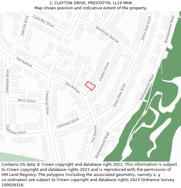 1, CLAYTON DRIVE, PRESTATYN, LL19 9RW: Location map and indicative extent of plot