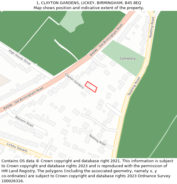 1, CLAYTON GARDENS, LICKEY, BIRMINGHAM, B45 8EQ: Location map and indicative extent of plot