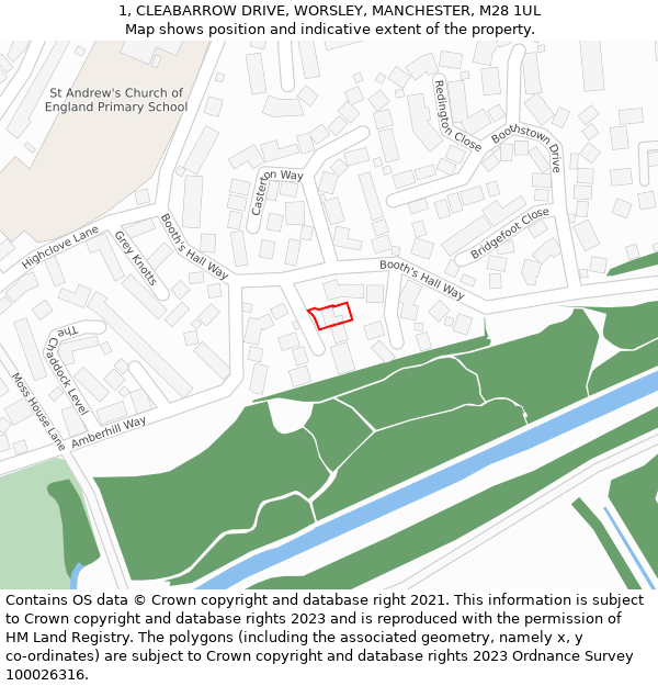 1, CLEABARROW DRIVE, WORSLEY, MANCHESTER, M28 1UL: Location map and indicative extent of plot
