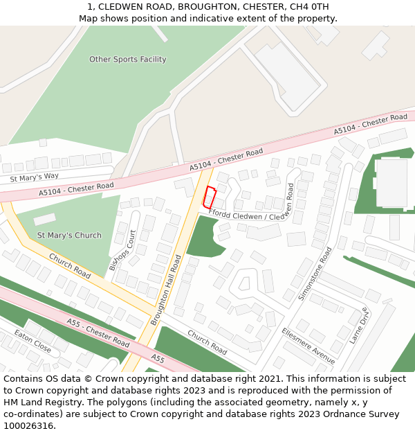 1, CLEDWEN ROAD, BROUGHTON, CHESTER, CH4 0TH: Location map and indicative extent of plot