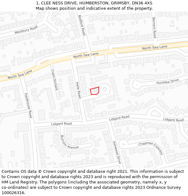 1, CLEE NESS DRIVE, HUMBERSTON, GRIMSBY, DN36 4XS: Location map and indicative extent of plot