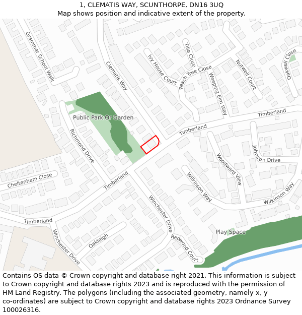 1, CLEMATIS WAY, SCUNTHORPE, DN16 3UQ: Location map and indicative extent of plot