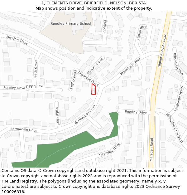 1, CLEMENTS DRIVE, BRIERFIELD, NELSON, BB9 5TA: Location map and indicative extent of plot
