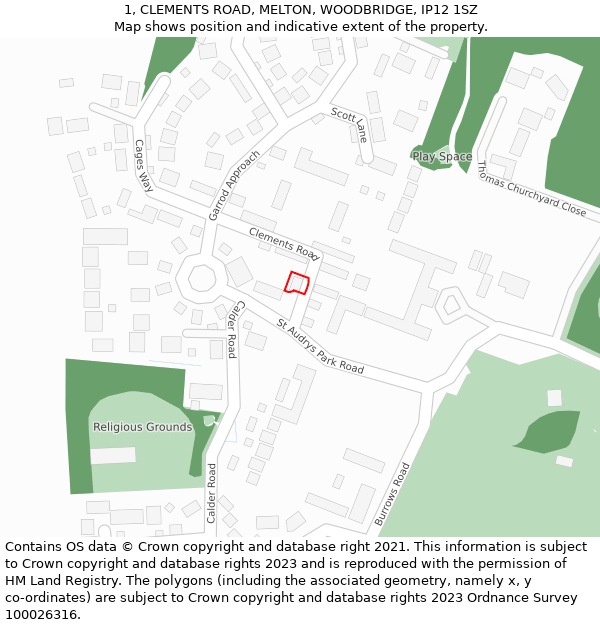 1, CLEMENTS ROAD, MELTON, WOODBRIDGE, IP12 1SZ: Location map and indicative extent of plot