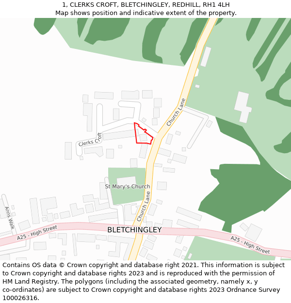 1, CLERKS CROFT, BLETCHINGLEY, REDHILL, RH1 4LH: Location map and indicative extent of plot