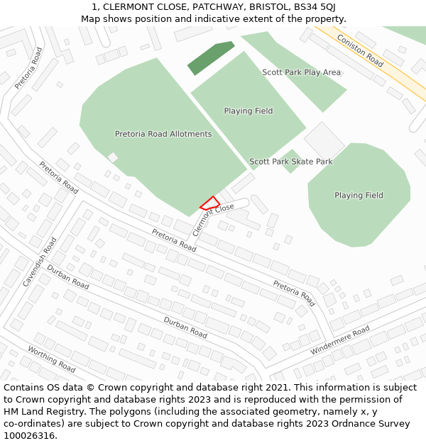 1, CLERMONT CLOSE, PATCHWAY, BRISTOL, BS34 5QJ: Location map and indicative extent of plot