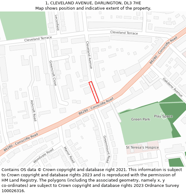 1, CLEVELAND AVENUE, DARLINGTON, DL3 7HE: Location map and indicative extent of plot