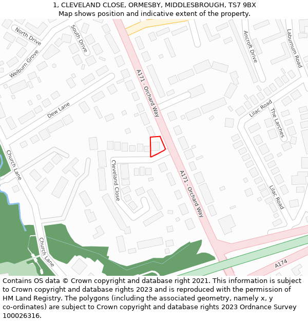 1, CLEVELAND CLOSE, ORMESBY, MIDDLESBROUGH, TS7 9BX: Location map and indicative extent of plot