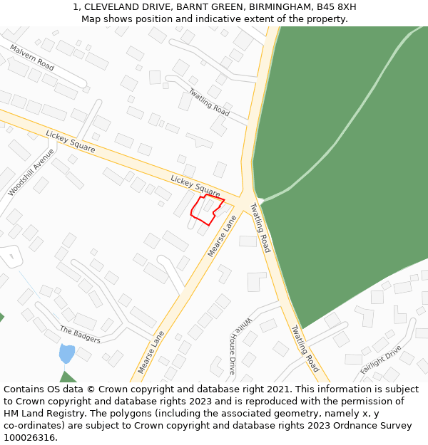 1, CLEVELAND DRIVE, BARNT GREEN, BIRMINGHAM, B45 8XH: Location map and indicative extent of plot