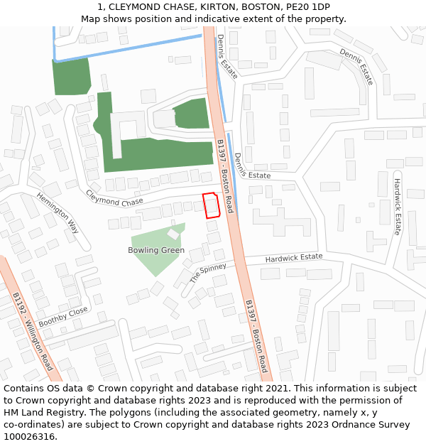 1, CLEYMOND CHASE, KIRTON, BOSTON, PE20 1DP: Location map and indicative extent of plot