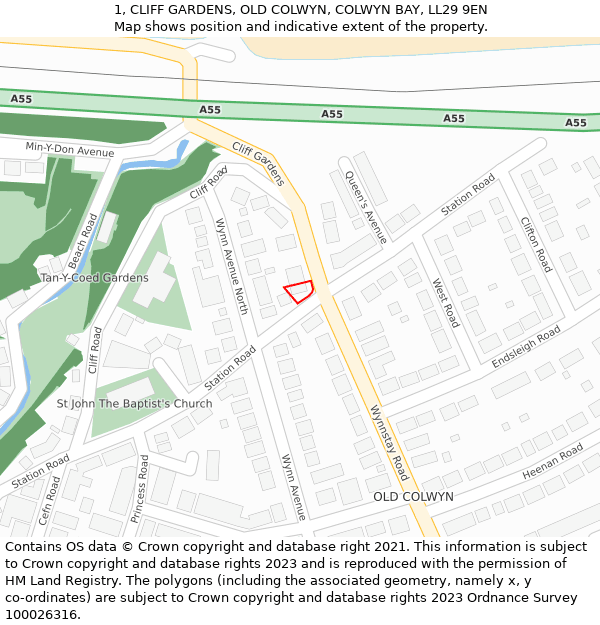 1, CLIFF GARDENS, OLD COLWYN, COLWYN BAY, LL29 9EN: Location map and indicative extent of plot
