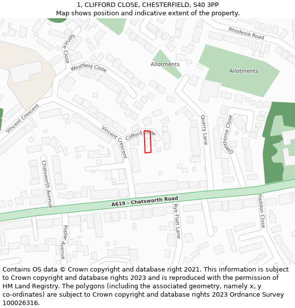 1, CLIFFORD CLOSE, CHESTERFIELD, S40 3PP: Location map and indicative extent of plot