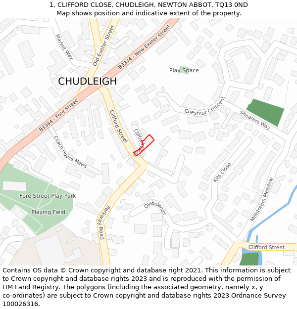 1, CLIFFORD CLOSE, CHUDLEIGH, NEWTON ABBOT, TQ13 0ND: Location map and indicative extent of plot