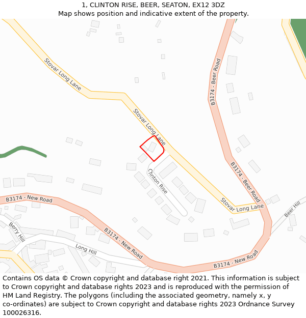 1, CLINTON RISE, BEER, SEATON, EX12 3DZ: Location map and indicative extent of plot