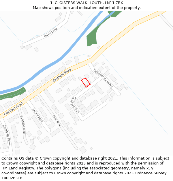 1, CLOISTERS WALK, LOUTH, LN11 7BX: Location map and indicative extent of plot