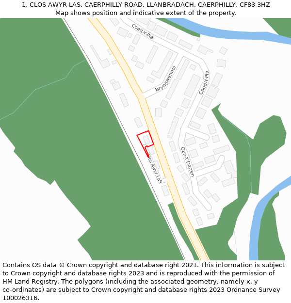 1, CLOS AWYR LAS, CAERPHILLY ROAD, LLANBRADACH, CAERPHILLY, CF83 3HZ: Location map and indicative extent of plot