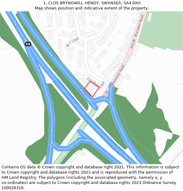 1, CLOS BRYNGWILI, HENDY, SWANSEA, SA4 0XH: Location map and indicative extent of plot