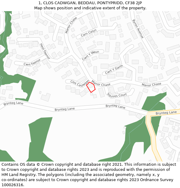 1, CLOS CADWGAN, BEDDAU, PONTYPRIDD, CF38 2JP: Location map and indicative extent of plot