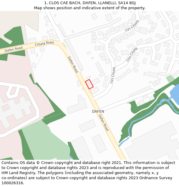 1, CLOS CAE BACH, DAFEN, LLANELLI, SA14 8GJ: Location map and indicative extent of plot