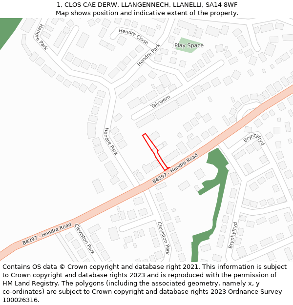 1, CLOS CAE DERW, LLANGENNECH, LLANELLI, SA14 8WF: Location map and indicative extent of plot