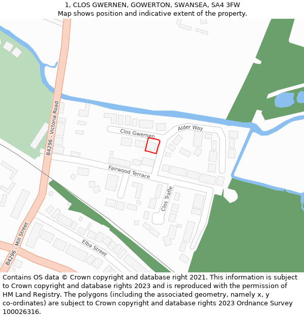 1, CLOS GWERNEN, GOWERTON, SWANSEA, SA4 3FW: Location map and indicative extent of plot