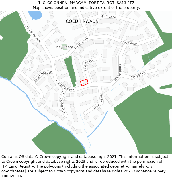 1, CLOS ONNEN, MARGAM, PORT TALBOT, SA13 2TZ: Location map and indicative extent of plot