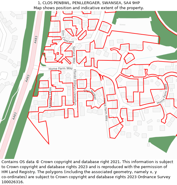 1, CLOS PENBWL, PENLLERGAER, SWANSEA, SA4 9HP: Location map and indicative extent of plot