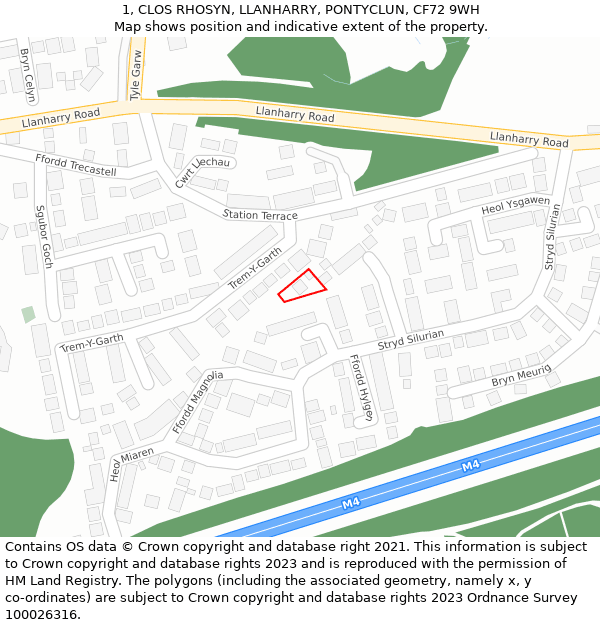 1, CLOS RHOSYN, LLANHARRY, PONTYCLUN, CF72 9WH: Location map and indicative extent of plot